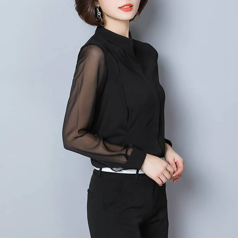 Chemise boutonnée à manches longues pour femmes, chemisiers de trajet simples, col montant élégant, noir transparent, dame de bureau, mode sexy,