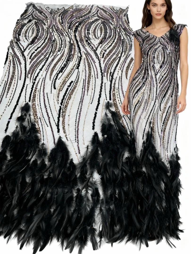 

Черные африканские нигерийские роскошные бусины с перьями, французское сетчатое кружево 2025, высокое качество, последовательность кружевной ткани, вышивка для вечеринки, шитья