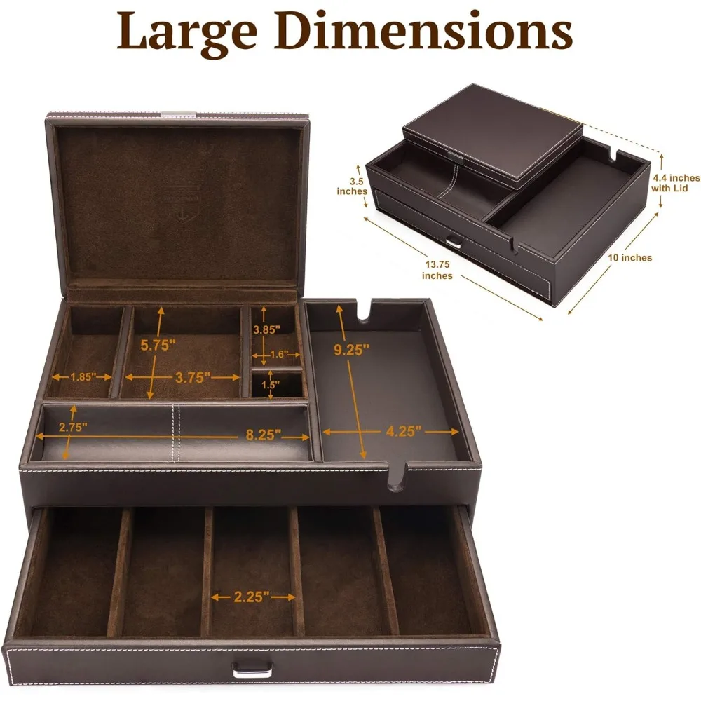 صندوق ساعة رجالي من الجلد - منظم طاولة بجانب السرير، صندوق مجوهرات للرجال، حافظة ساعة للرجال مع شحن هاتف ذكي كبير