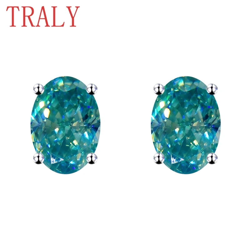 

925 Sterling Silver Screw Back Moissanite Earring for Women Blue Green Oval Cut Hip-hop Studs Earrings Luxury Jewelry Party Gift