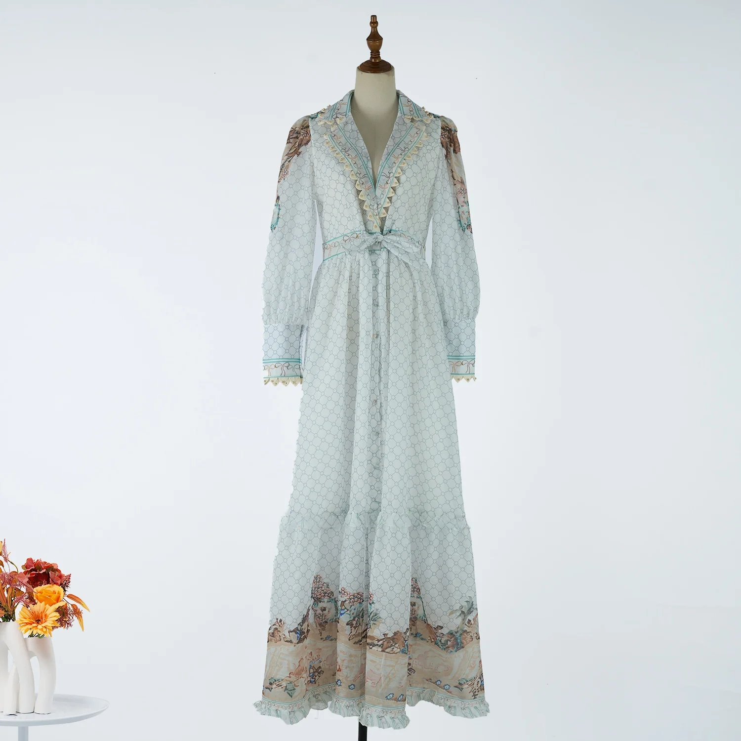 2026 Nuevo vestido vintage Court Sle largo con estampado de Sve V-Ne y hombreras que se abren la cintura Corte A Dr Ropa casual