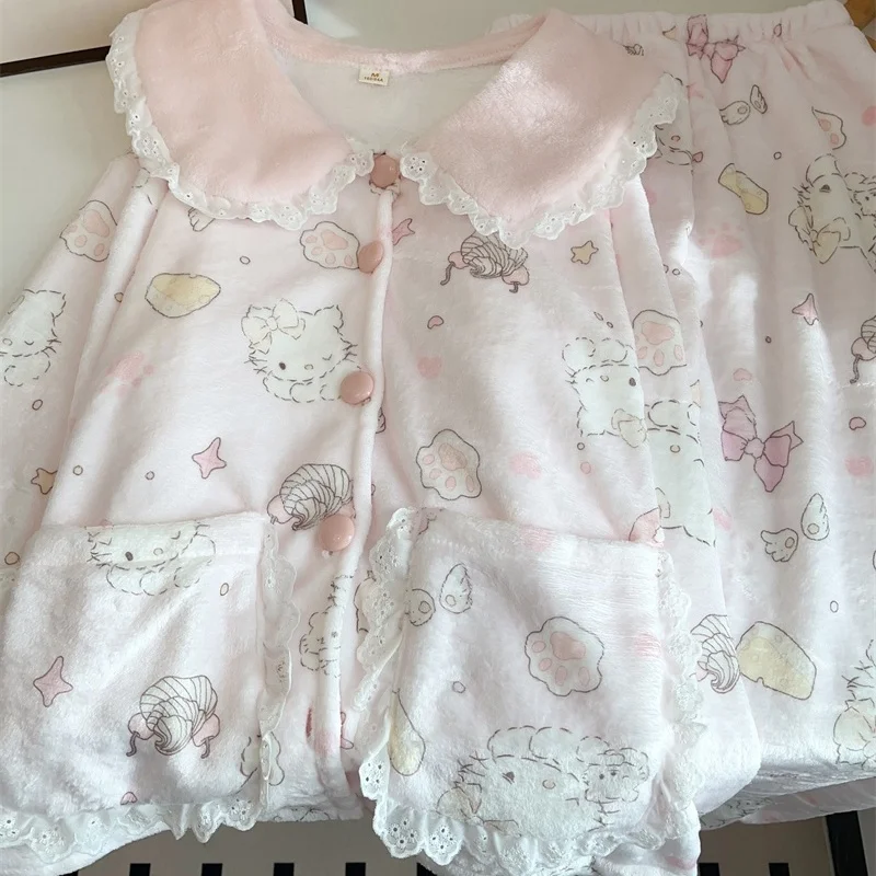 

Kawaii Hello Kitty коралловые флисовые пижамы аниме девушка мультфильм милые зимние на флисовой подкладке утепленные сохраняющие тепло домашняя одежда для отдыха костюм новый