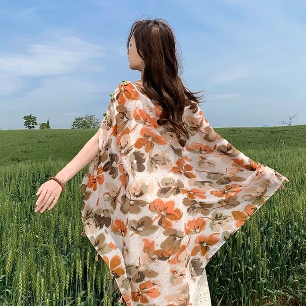 

Fashion Knot Button Sunscreen Scarf Shawl Paisley Tassels Cardigan Cape Large Flower National Style Cloak Holiday