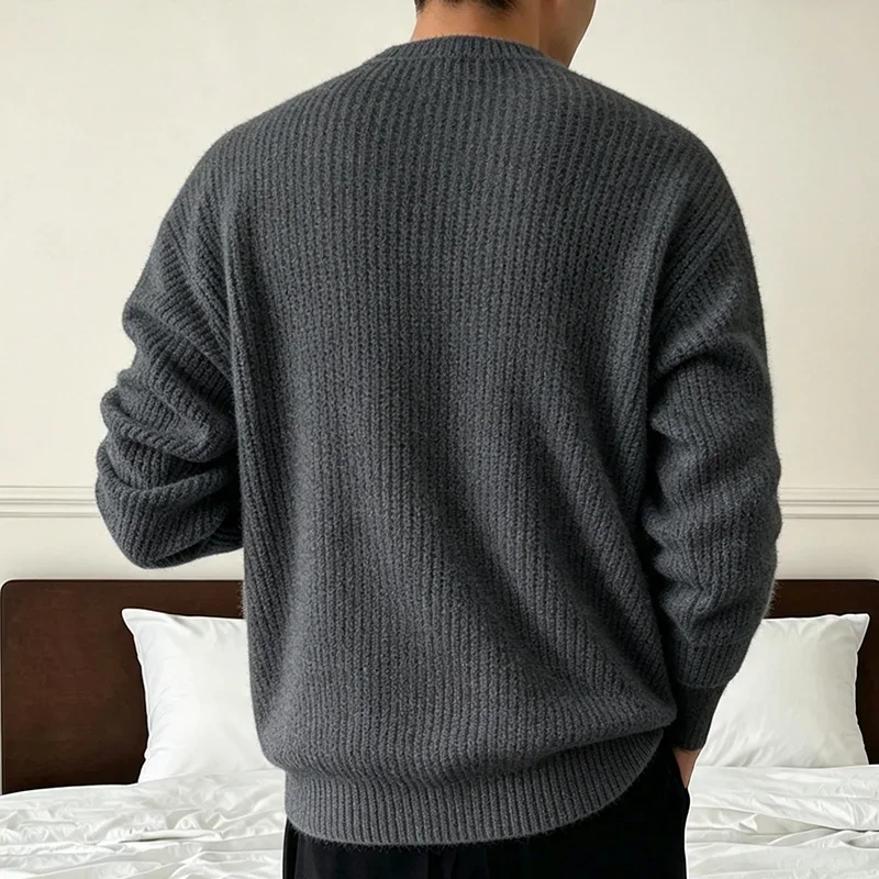 Herren Einfarbiger Strickpullover Frühling Herbst Lässige Mode Gerippte Textur Langarm Lockerer Rundhals-Strickpullover – Detail 33