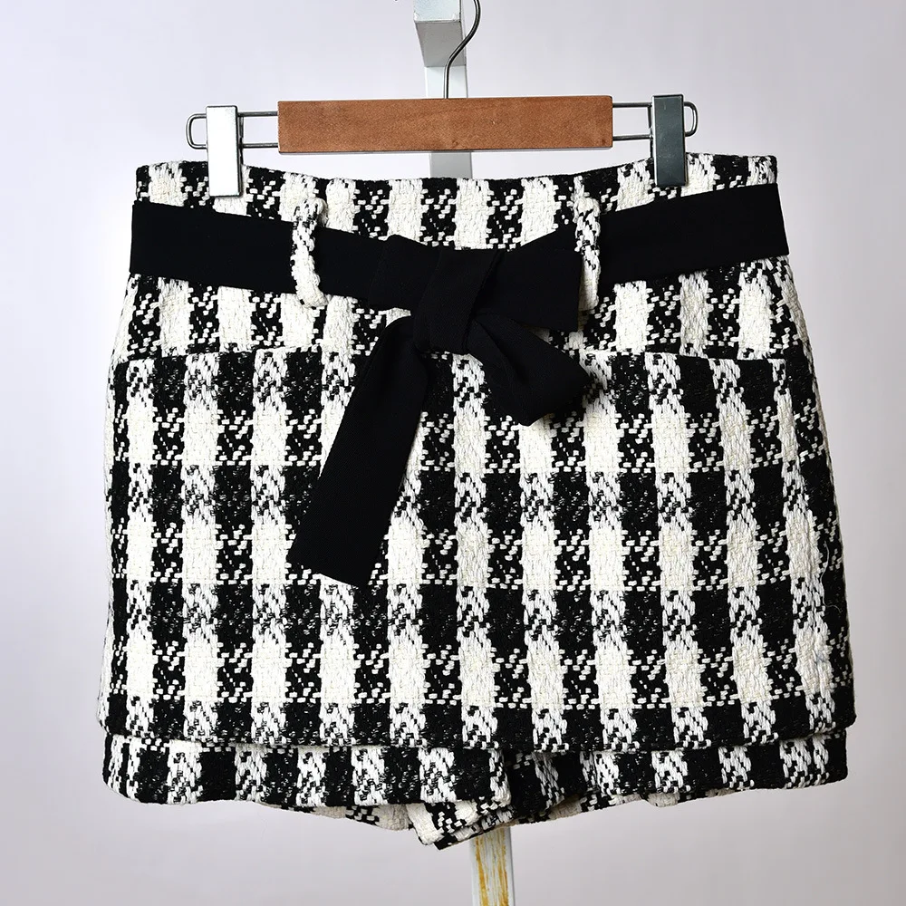 ​ ​ チェック柄ツイードショーツ女性ハイウエスト巾着ウエストエレガントフェミニンモダンクラシック市松模様 ​ ​