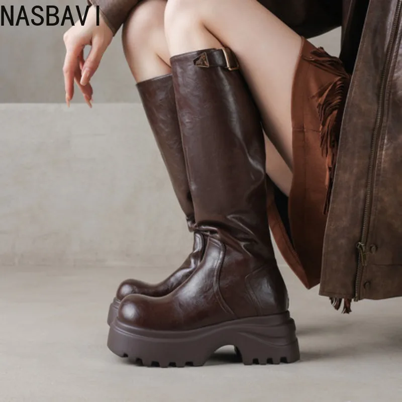 NASBAVI 2026 Women's High Heel Long Boots 7cm Thick Bottom Heavy Heel Autumn New Style Small Size Brown Long Tube Knight Boots