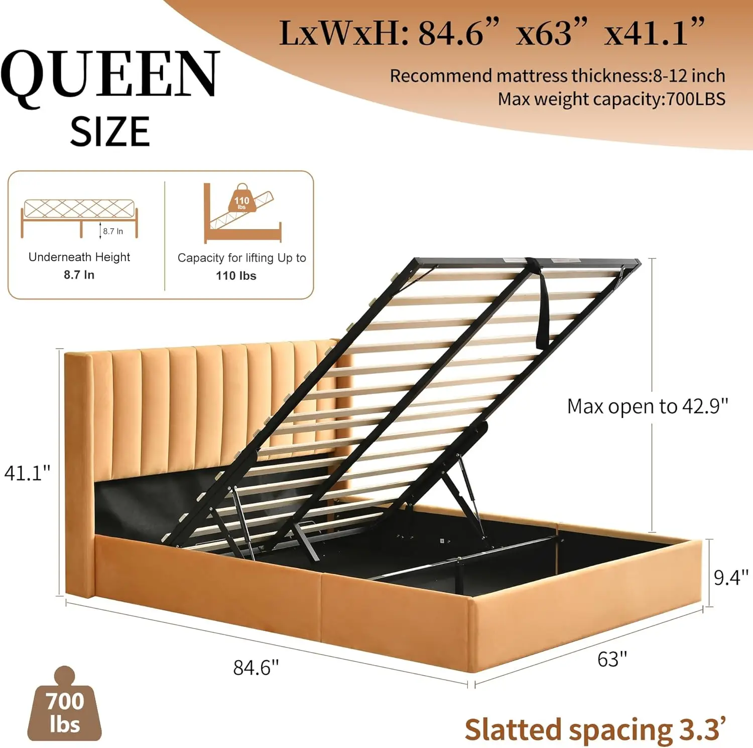 Queen Size Hydraulic Storage Bed, Upholstered Platform Bed Frame, Modern Wingback Design Headboard, Velvet Fabric