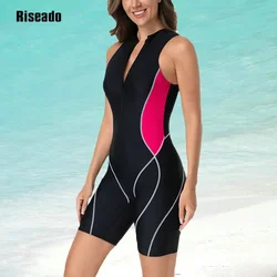 Riseado Athletic Women's Boyleg One Piece Swimsuit Knee Length Zip Front Sports Bathing Suit Big Size