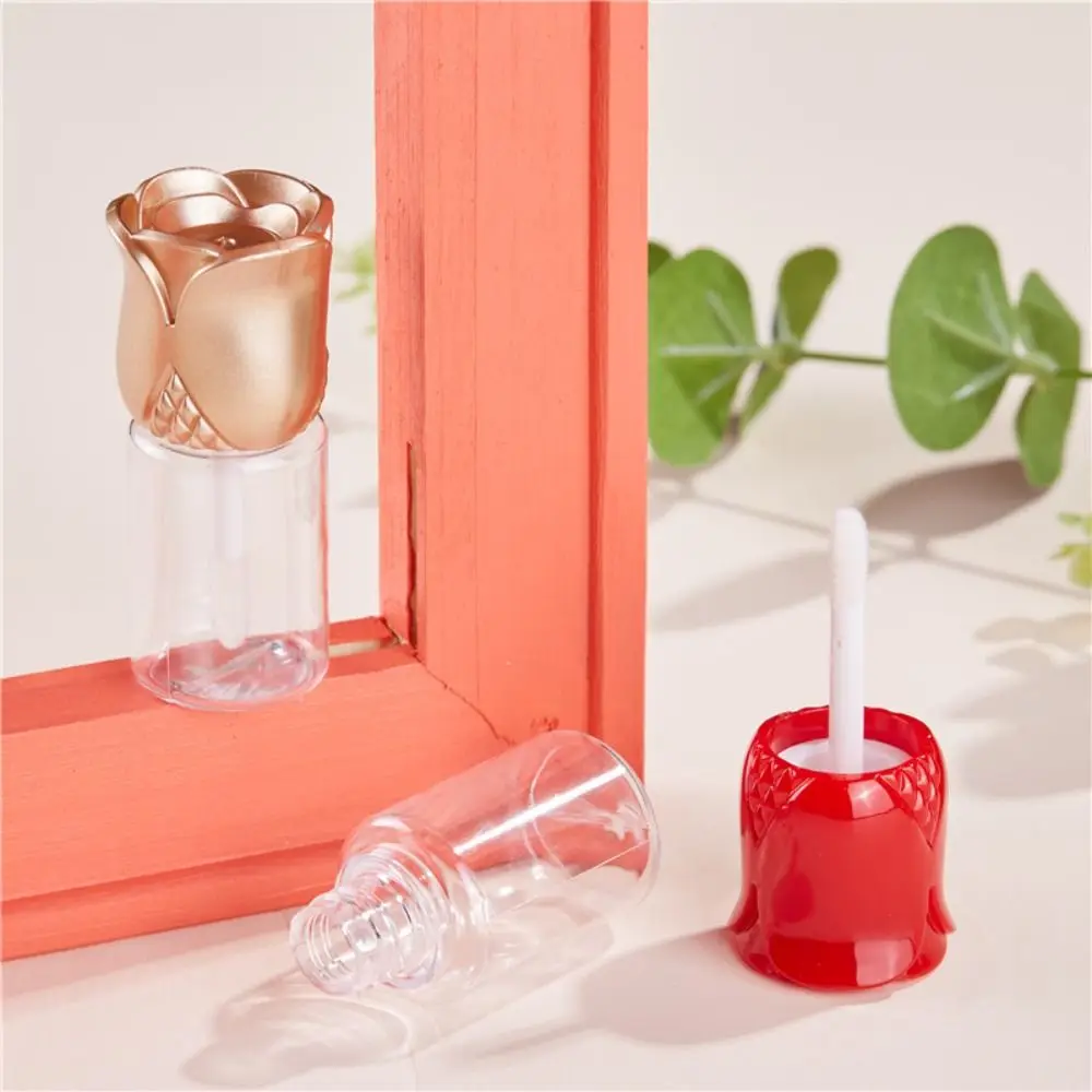 DIY 10 ML Lip Gloss Tube With Brush Rose Shape Sample Storage Lip Oil Container Modern Red Gold Rose Lipstick Tube Makeup Tool