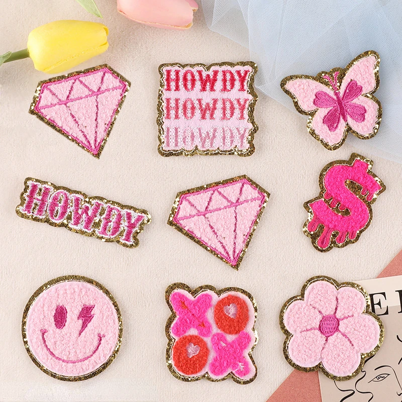 

Chenille Patches Iron on for Clothes Pink Towel Embroidered Hot Glue Accessories DIY Decorations Heat Adhesive Appliques 1pcs