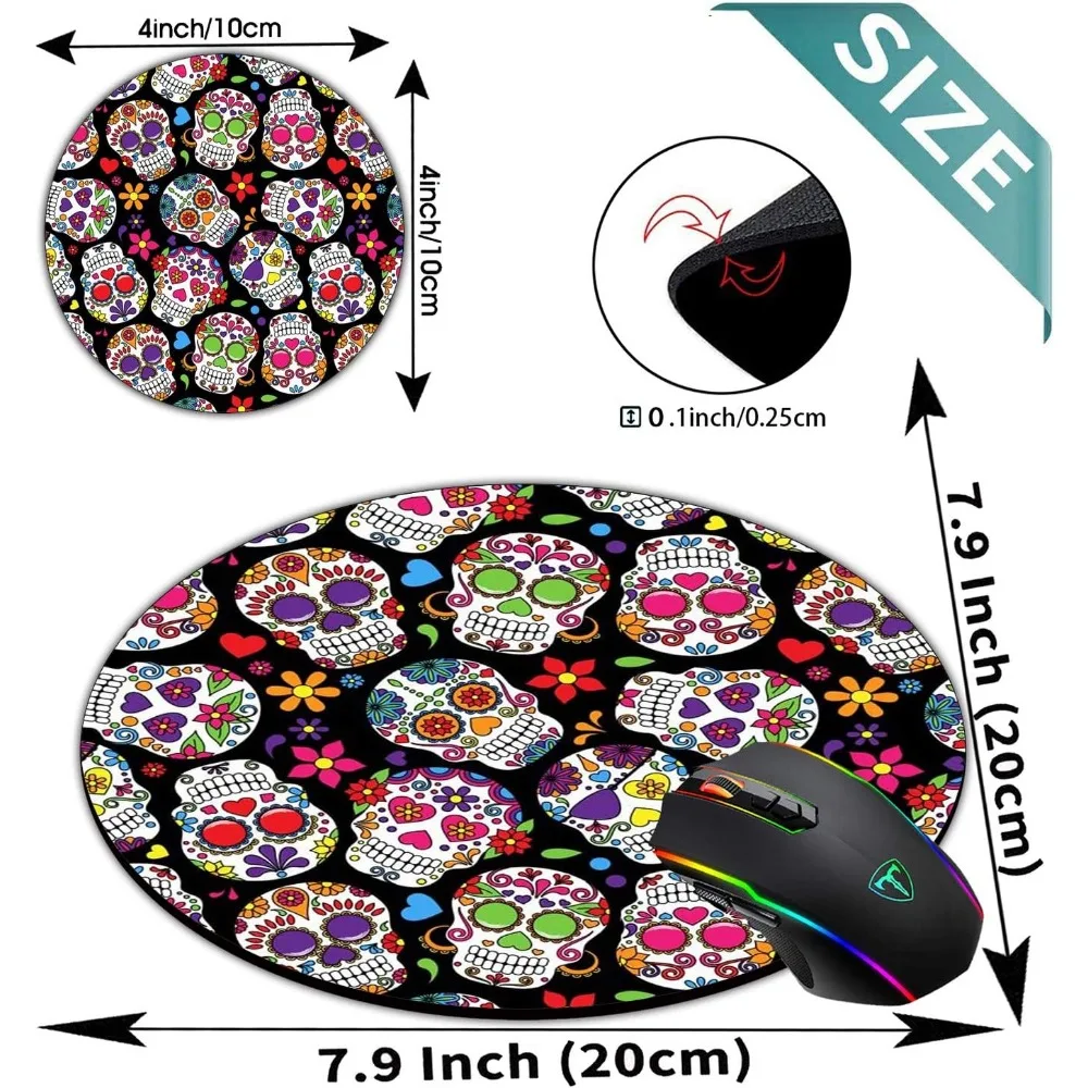 둥근 마우스 패드 및 컵받침 세트 - 죽은 자의 날 빈티지 슈가 스컬 디자인, 미끄럼 방지 고무 베이스, 맞춤 제작 가능