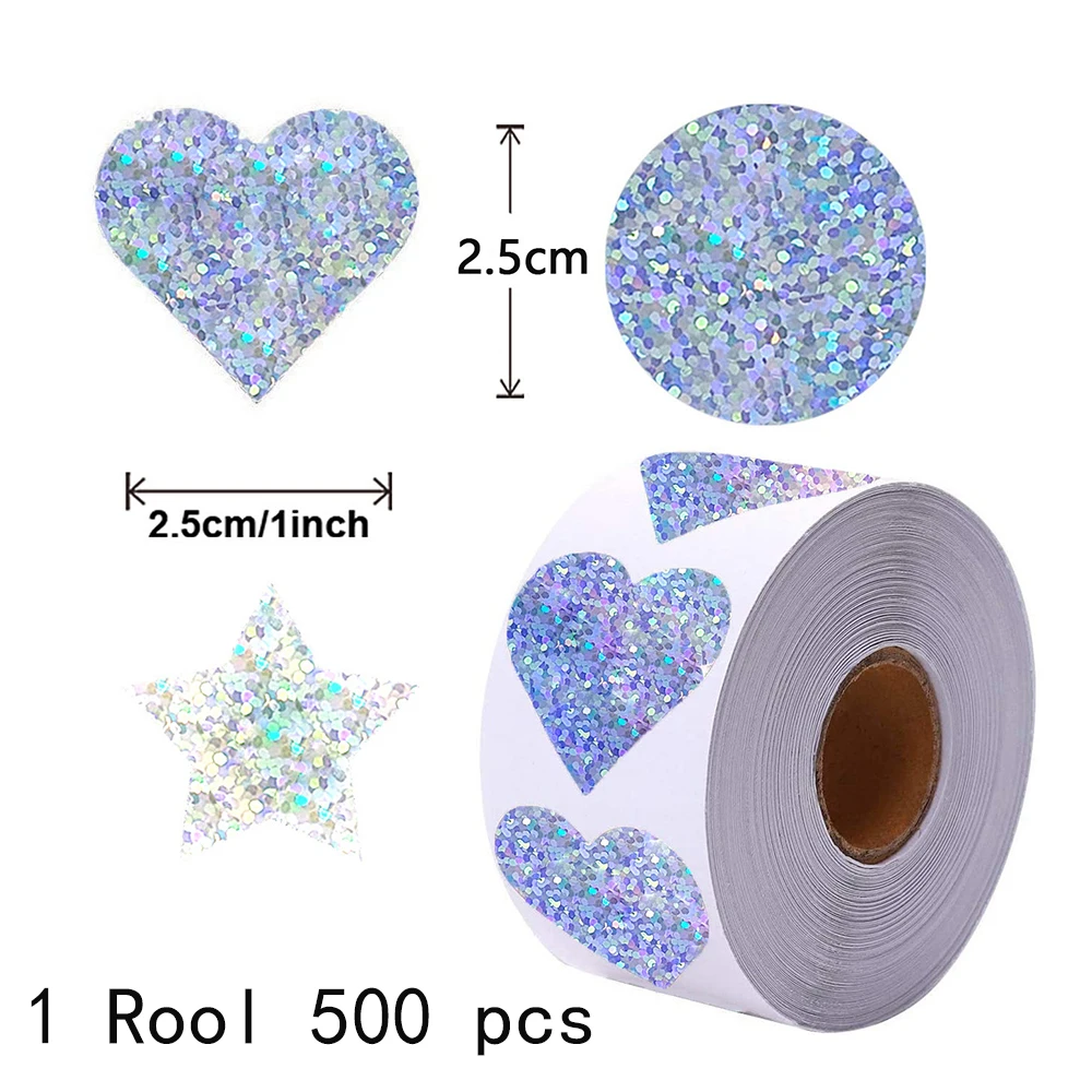 

500Pcs/Roll 2.5CM Round Laser sticker Heart-shaped Gift Packaging Box Decor Labels Five-pointed star Envelope Sealing Sticker