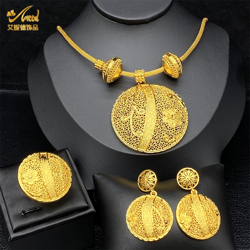 

ANIID Fashion Indian 24k Gold Color Round Pendant Necklace Earrings Ring Sets for Lady Dubai Arab Big Earrings Jewelry Set Gifts