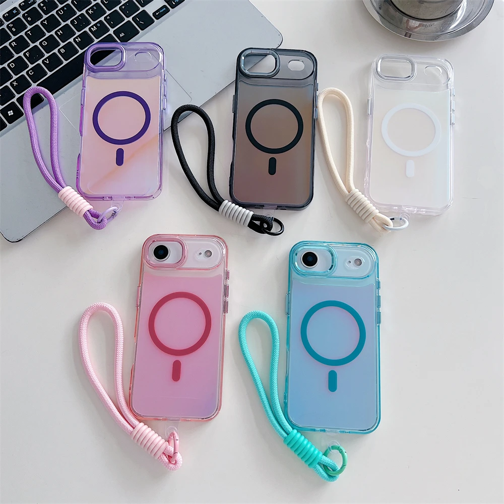 Dazzling Laser Gradient Magnetic Lanyard Case for iPhone 17 Air 16 E 15 14 Plus 13 12 11 Pro Max for Magsafe Shockproof Cover