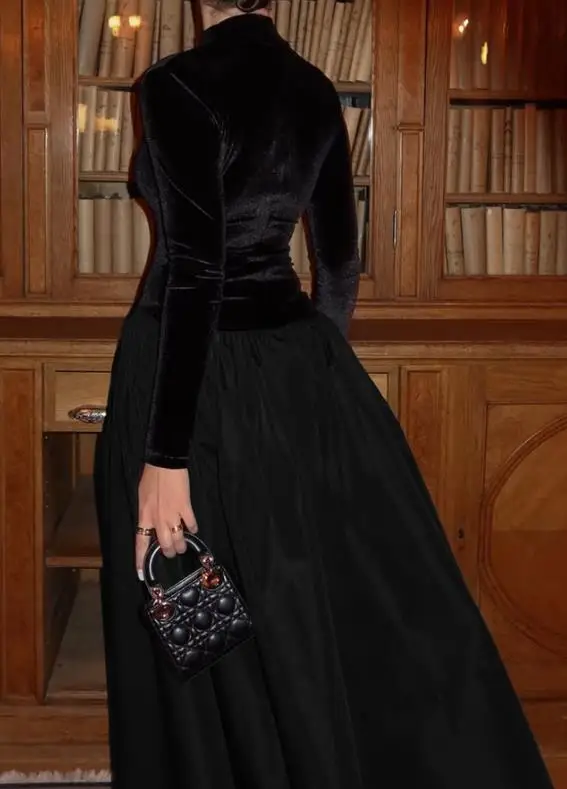 

Autumn Elegant Semi High Neck Long Sleeved Dress for Women with Fashionable Texture, Suede Patchwork A-Line Long Sleeved Dress