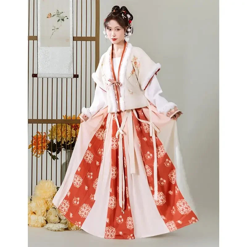 2 Colors Tang Dynasty Winter Red Hanfu Dress Set Traditional Chinese Fluff Edge Women Jacket White Shirt Gradient Pleated Skirt