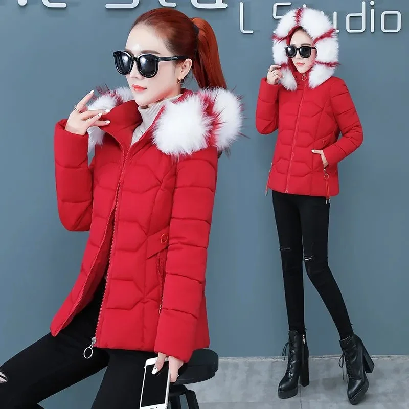 2023 New Winter Coat Women Parka Fur Collar Hooded Female Puffer Coats Casual Down Cotton Jacket Parkas Thick Warm Outerwear