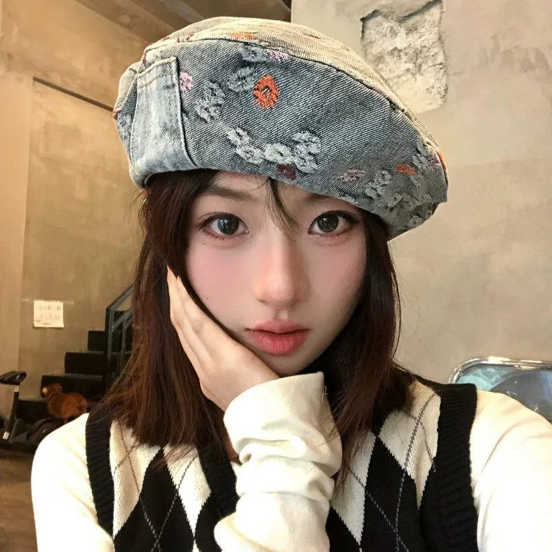 Japanese Retro Splicing Denim Octagonal Newsboy Cap Women's Spring and Autumn Large Version Beret Niche Temperament Painter Hat