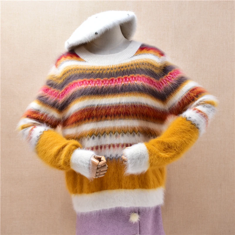 Ladies Women Autumn Winter Fashion Striped Hairy Mink Cashmere Knitted O-Neck Long Sleeves Slim Blouses Pullover Angora Sweater