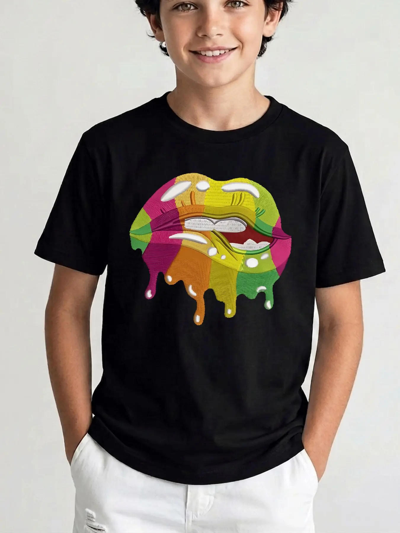 Color Block Dripping Lips Art Family Matching Cotton T Shirts Short Sleeve Summer Tees For Mom Dad Boys Girls Daily Tops
