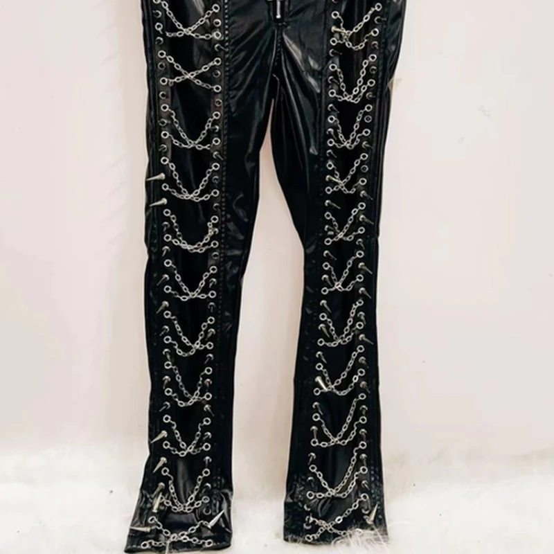 التصميم الأصلي فاسق الظلام سلسلة المرأة السراويل الجلدية الخريف جديد أسود الدانتيل متابعة شخصية كول وسيم السراويل الطويلة السيدات #2