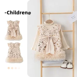 New Spring Autumn Kids Girl Sets Long Sleeves Round Collar Knitwear T-shirt+Sequins Princess Dress Girls Outfits Bow