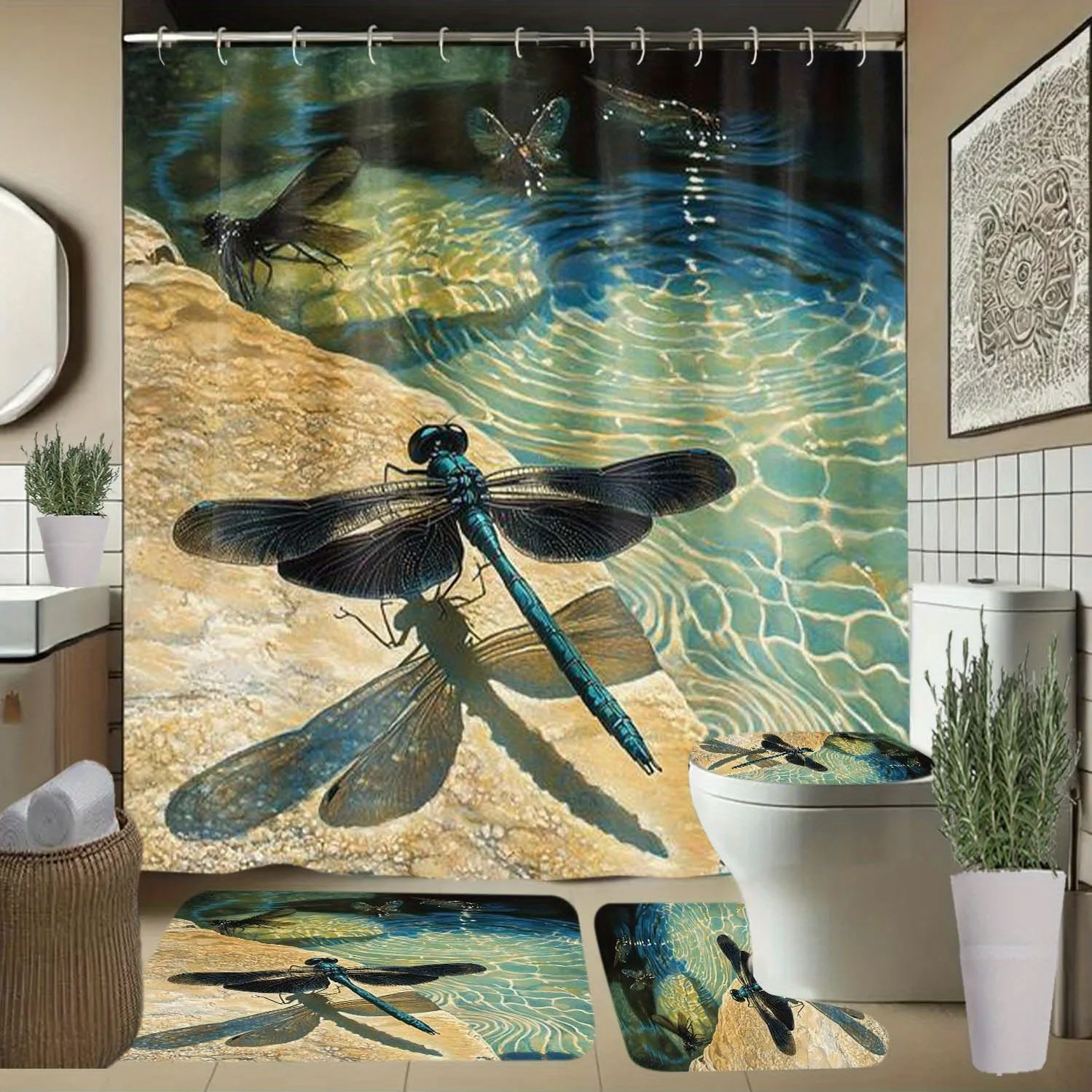 

Занавеска для душа с узором «Стрекоза, вода, тень» и крючками, занавеска для перегородки в ванной, аксессуары для ванной комнаты, всесезонная элегантная