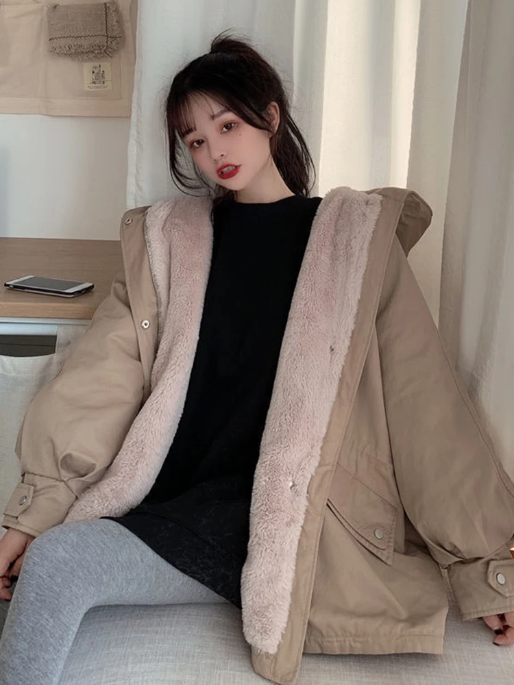 

Женское утепленное хлопковое пальто больших размеров на осень-зиму с капюшоном, свободного кроя, с флисовой подкладкой, универсальное, вместительное