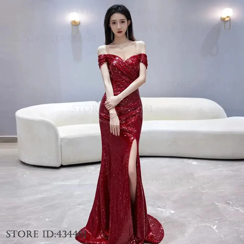 Moda longa vestido feminino sexy fora do ombro slash neck sereia vestido de festa à noite espumante split noiva vestido de casamento