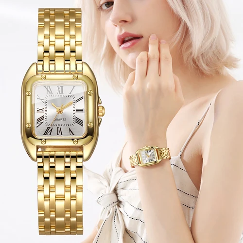 Reloj de cuarzo cuadrado de lujo para Mujer, Reloj de pulsera con esfera romana a la moda para Mujer, Reloj de regalo para niñas (sin caja)