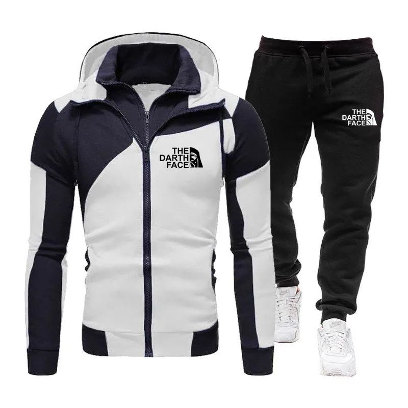 2024New men\'s double zipper jacket hoodie + black casual jogging pants two sets of fashion fitness sportswear