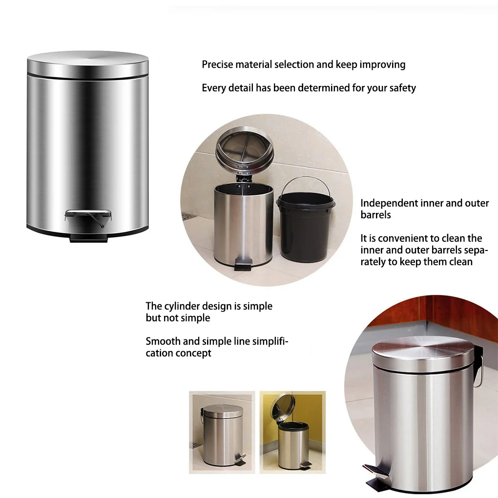 Stainless Steel Trash Can Rubbish Containers Garbage Bin Waste Holders  8L