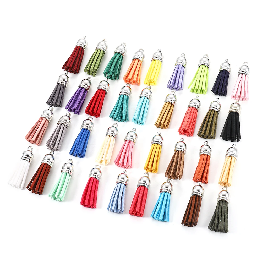 

20/60pcs 38mm Leather Tassel Charms Gold Silver Cap Earring Fringe Keychain Pendant Straps Suede Tassels DIY Jewelry Accessories