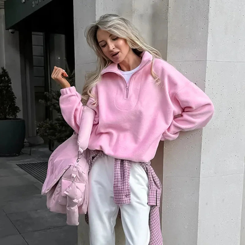 Fashion Winter Lamb Fleece Hoodie Women Casual Loose Thick Zipper Lapel Long Sleeve Pullover Top Lady Multiple Colors Available