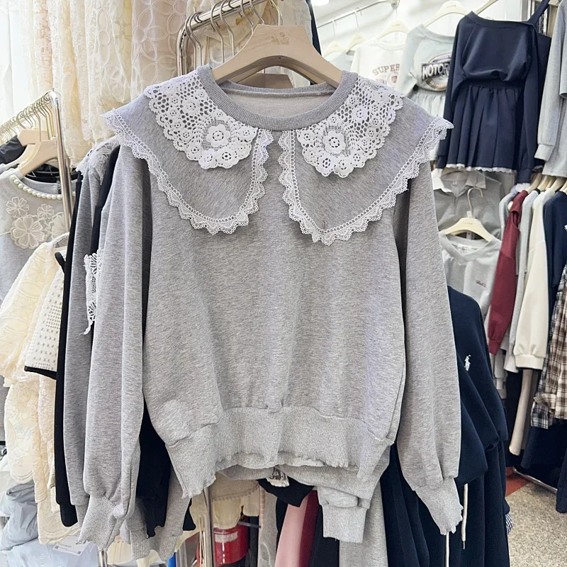 Korean version of sweet lace doll collar long-sleeved sweater women's autumn new loose and chic niche short top