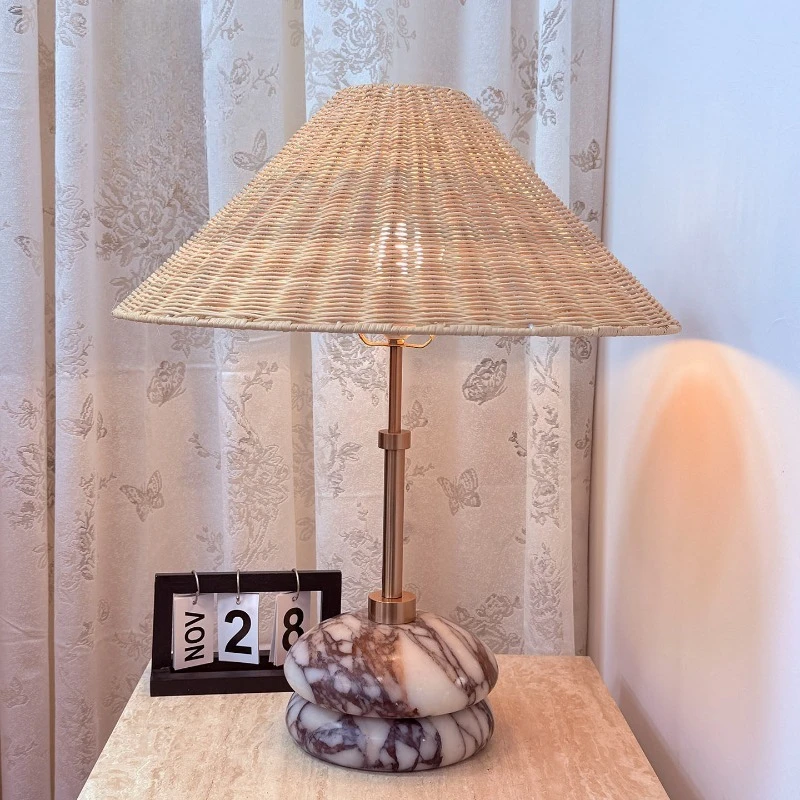 

Modern Light Luxury Table Lamp Nordic Designer Marble & Rattan Bedside Lamp Creative Decorative Light for Bedroom