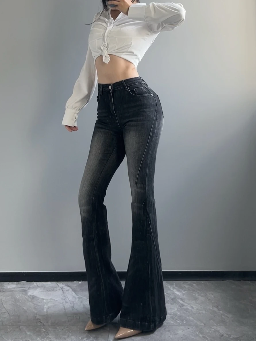 

Retro American Style Distressed Low Waisted Denim Micro Flareed Pants 2024 Autumn/winter Washed High Elastic Black Pants UPGE