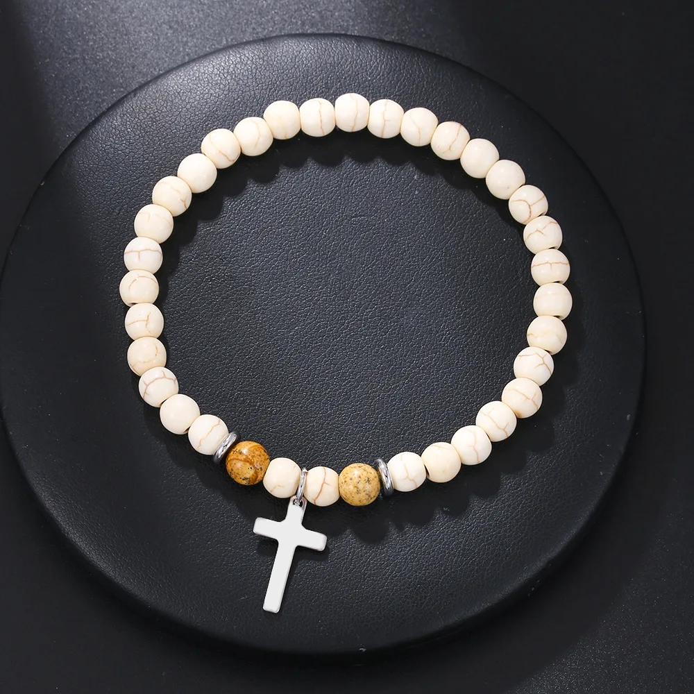 الرجال الأبيض Howlite حجر مطرز الصليب سوار ، اكسسوارات الترفيه ، أسود التأمل حبلا سوار ، جديد