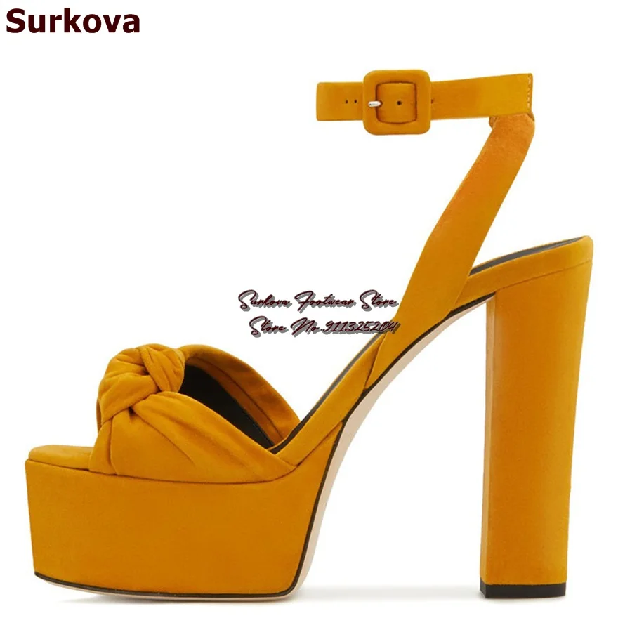 Surkova Mustard Yellow Red Brown Suede Chunky Heel Sandals Butterfly-Knot Platform Dress Shoes Ankle Buckle Strap Pumps