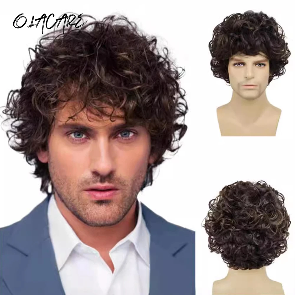 

OLACARE Men's Short Brown Wig Synthetic Hair Smooth Natural Pixie Cut Toupee Curly Heat Resistant Wigs For Male Men