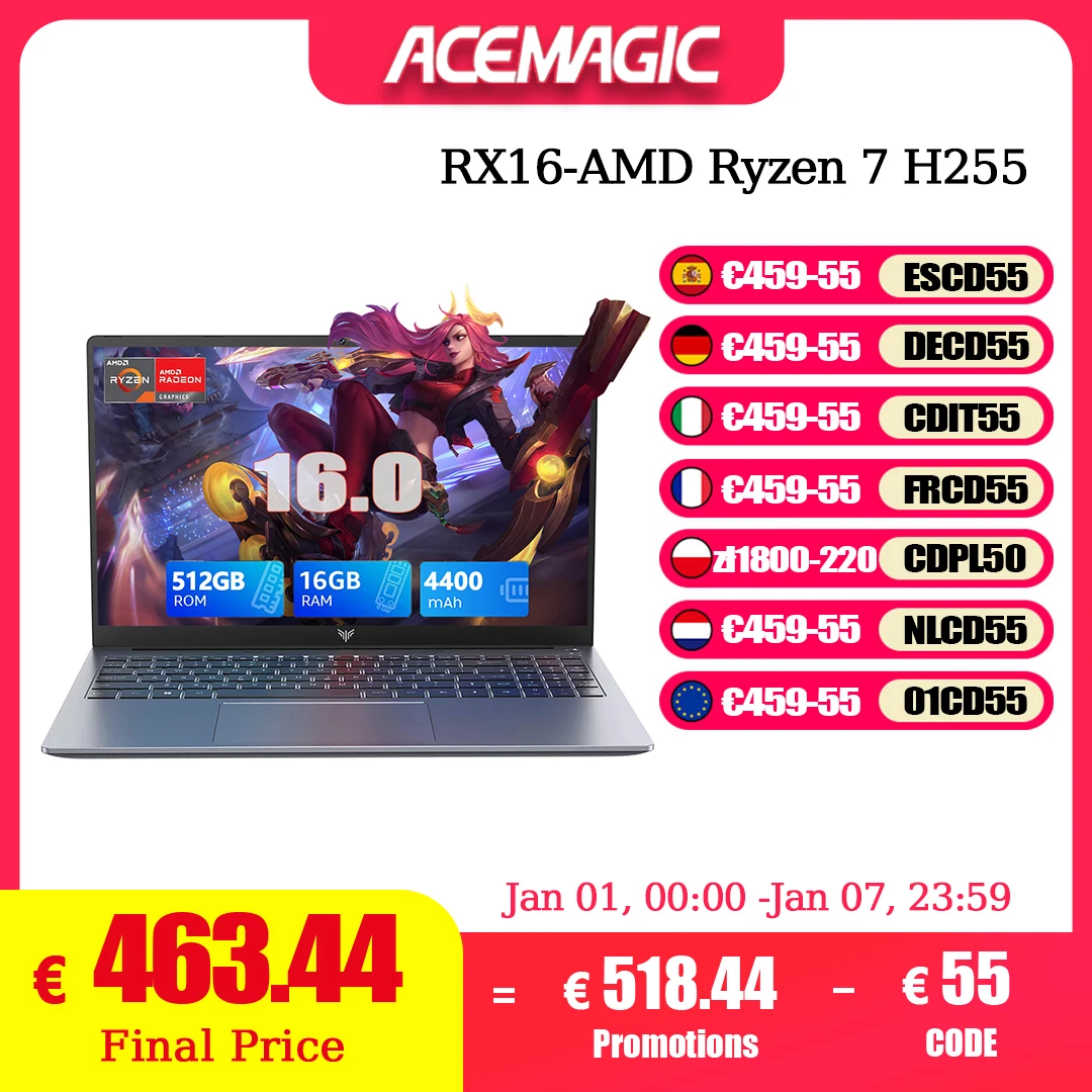 ACEMAGIC ordinateur portable 16 pouces FHD ordinateur portable de jeu AMD Ryzen 7 H255 16GB RAM 512GB SSD Windows 11 Pro ordinateur portable rétro-éclairé KB Wifi6 BT5.2