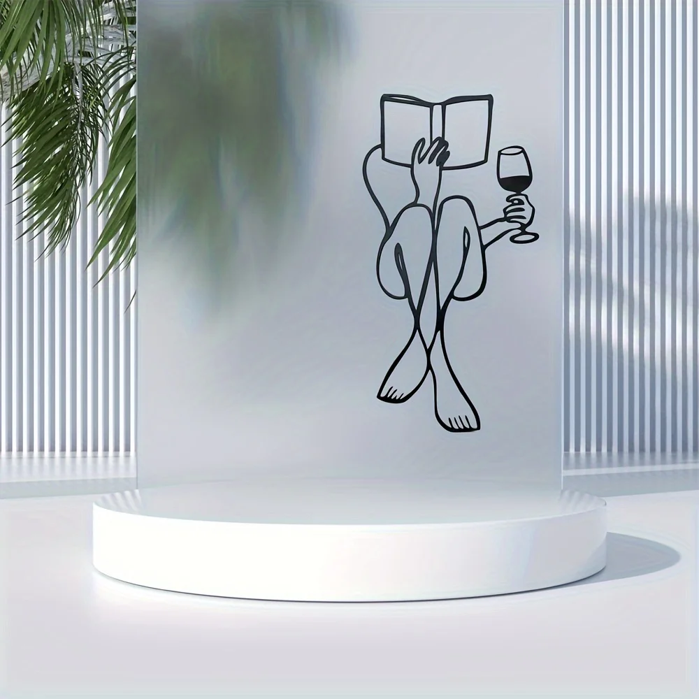 2D 1pc Metal Wall Decor Iron handicrafts Women Reading A Book with Wine Metal Wall Decor Book And Wine Minimalist Line Art Home