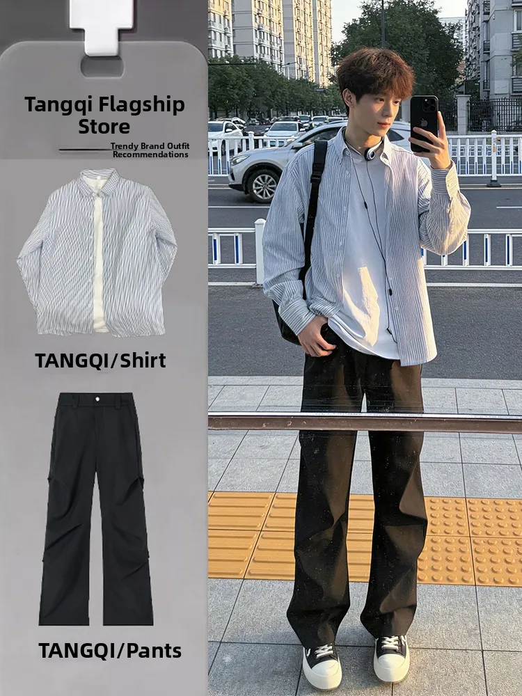 

American Retro Striped irt Set Men's High-End Feeling Haome Long Sve irt Matching Whole Micro Flare Suit Pants