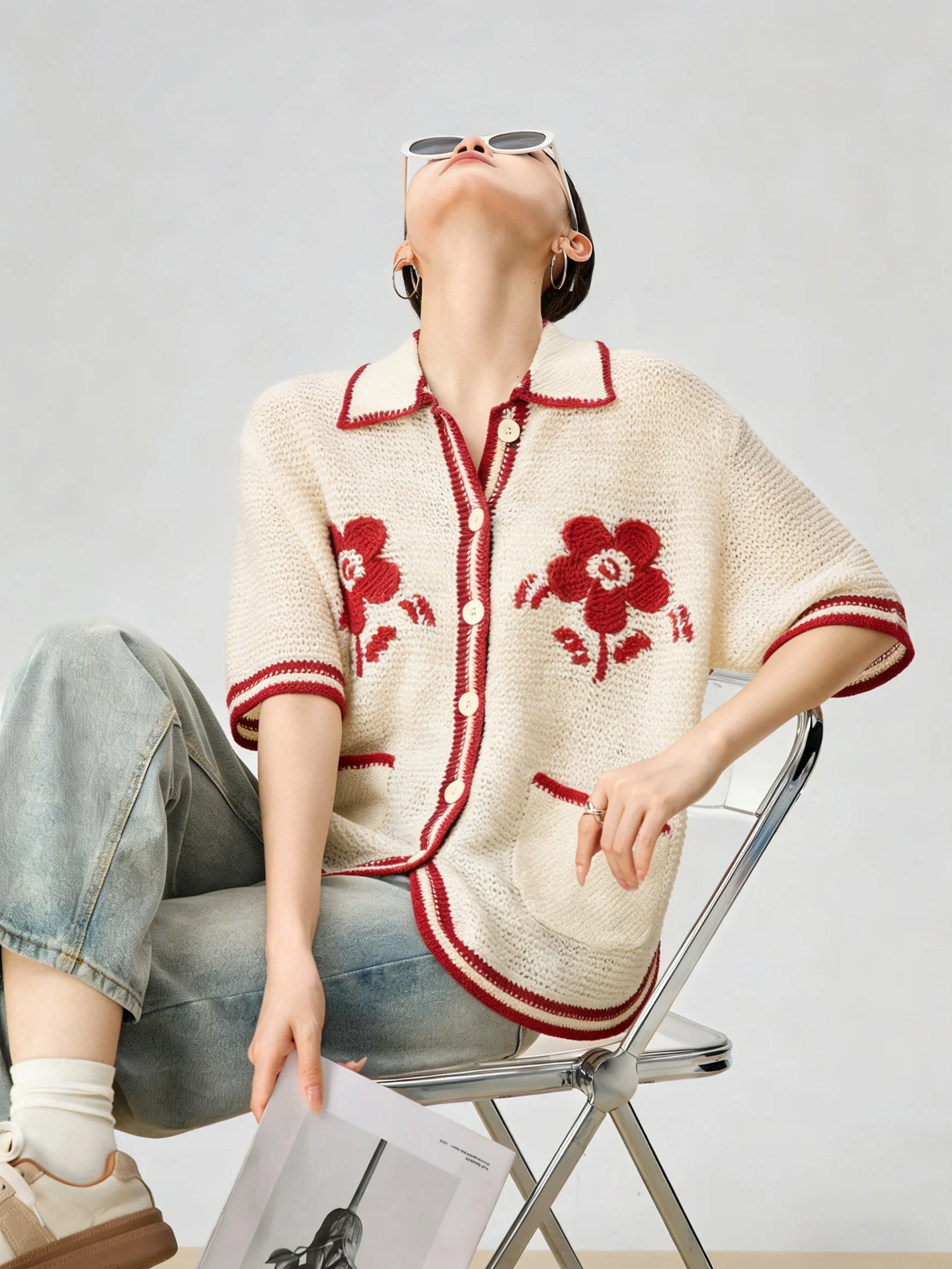 

Spring 2026 Red Flower Embroidery ort Sve Knitted Open Cardigan Beautiful Unique Women's Faion Miu Series Top