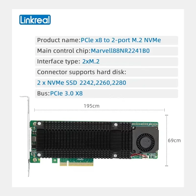 Linkreal PCle3.0 to 2-Port M.2 NVMe Array Card LRNV9541-2IR