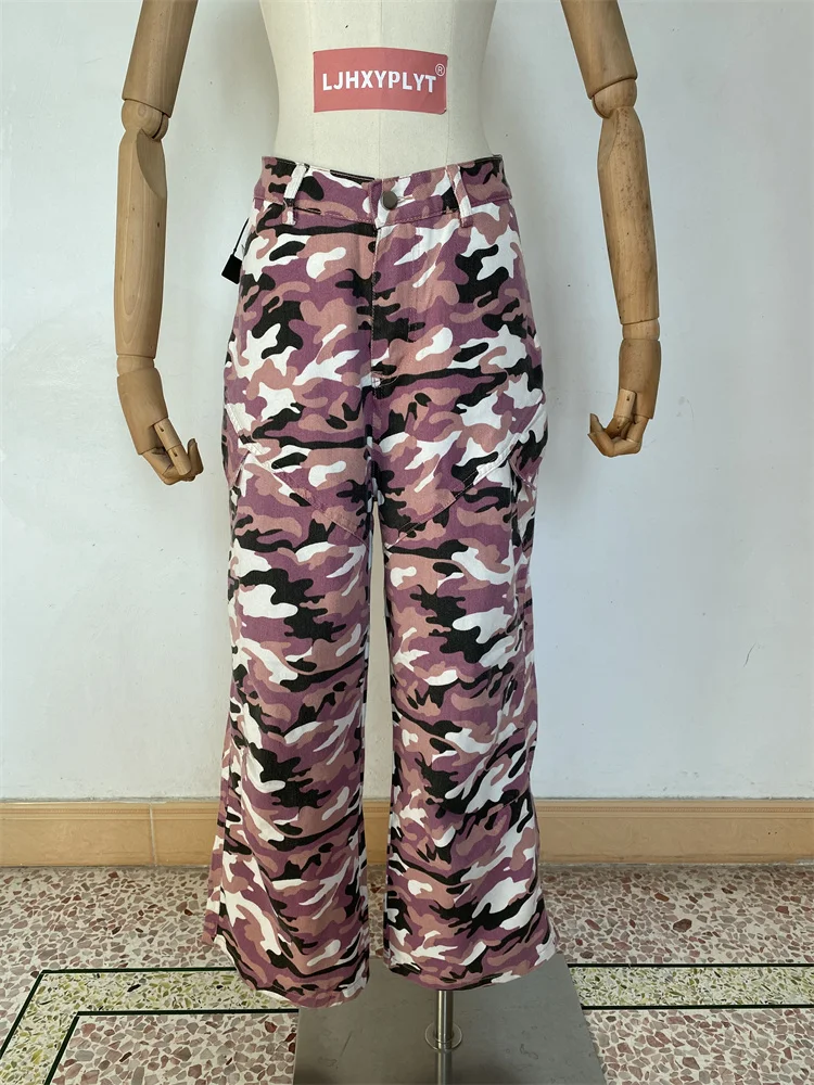 

Women's Pink Camouflage Wide Leg Thin Trousers Young Girl Street Bottoms Female High Waisted Vintage Unisex Pants