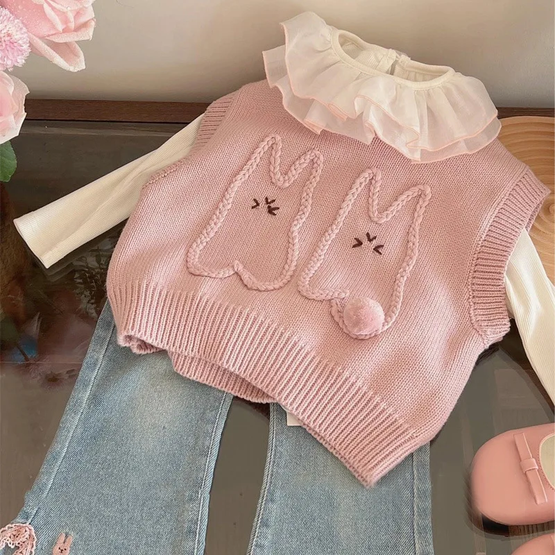 3pcs Kids Girls Spring Clothing Sets Pink Cartoon Print Knitting Vest+Ruched O-Neck Long Sleeve Bottom Shirt+Cute Flare Jeans