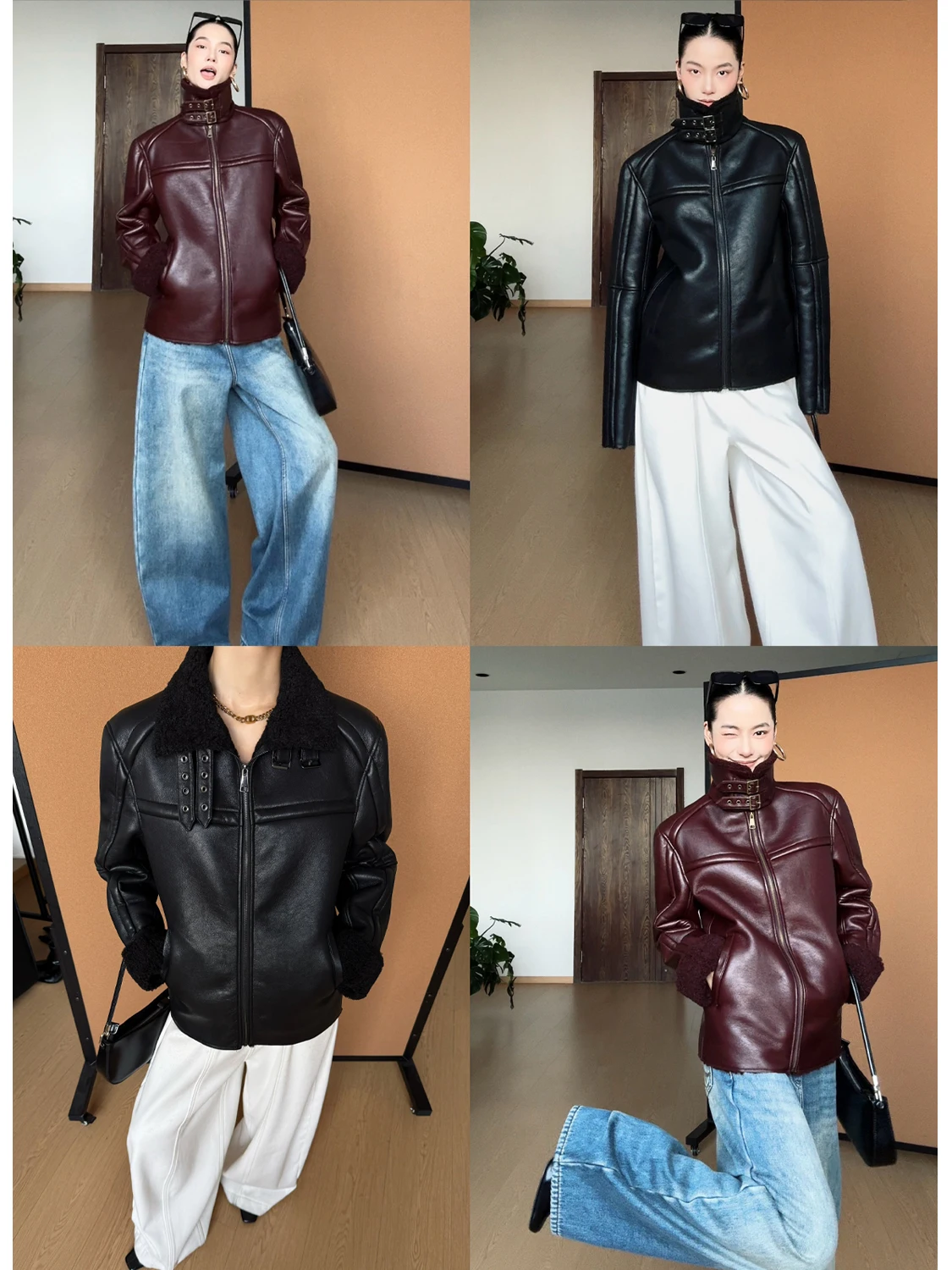 

CIZZLEMORE Утепленная женская куртка-косуха из искусственной кожи с воротником-стойкой и вставками из овечьей кожи, на молнии, повседневная, теплая, короткая