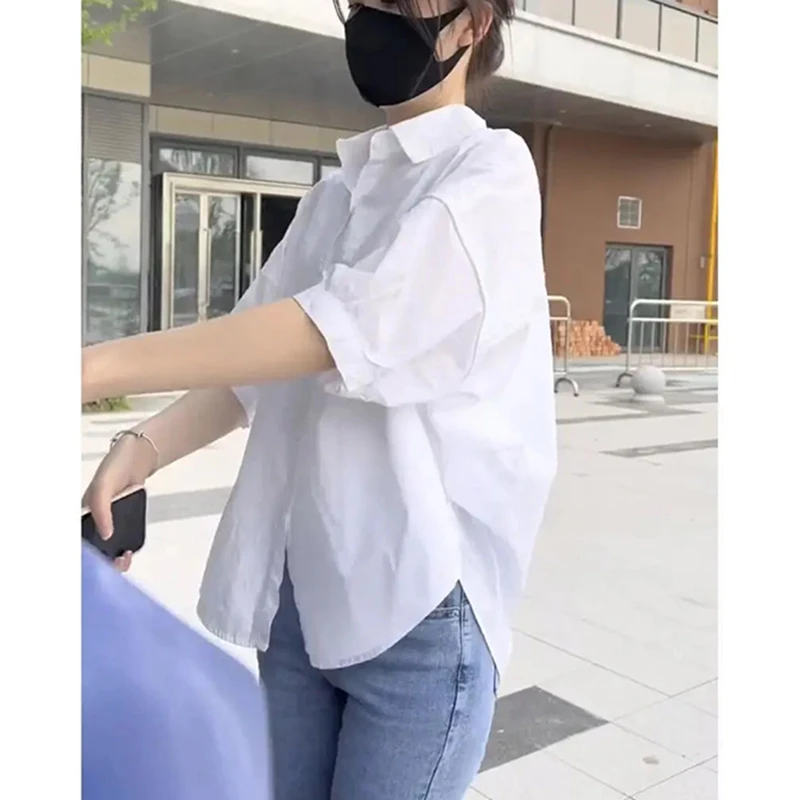 Summer Mid Sleeve Shirt Women Korean Casual Vacation Chic All Match Thin Female Blouse Fashion Loose Irregular New Tops New