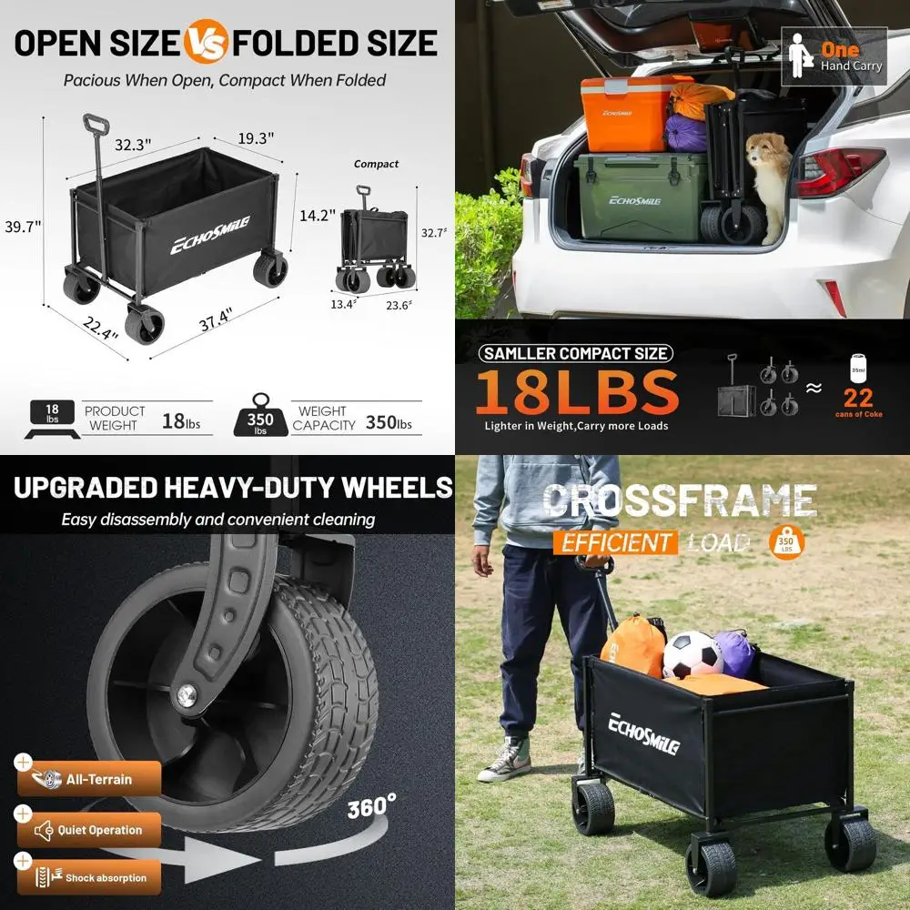 

All-Terrain Folding Wagon with Wide Wheels, 350lbs Capacity, Portable Lightweight Cart for Outdoors, Camping, Beach, Sports, Sho